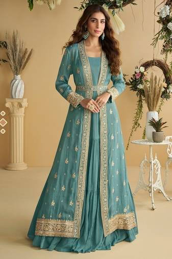 Blue silk blend embroidered sequin anarkali suit 