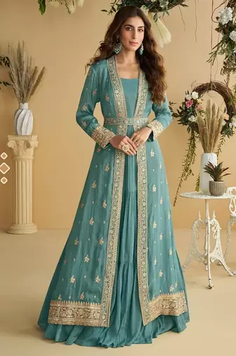 Blue silk blend embroidered sequin anarkali suit 