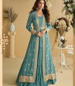 Blue silk blend embroidered sequin anarkali suit 