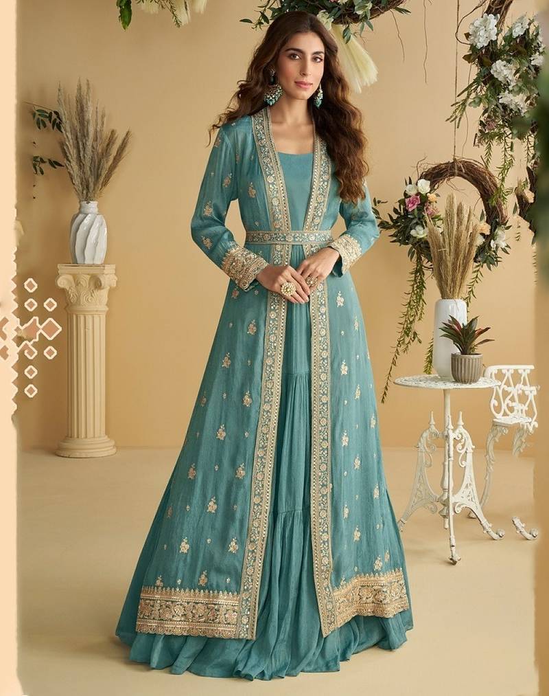 Blue silk blend embroidered sequin anarkali suit 