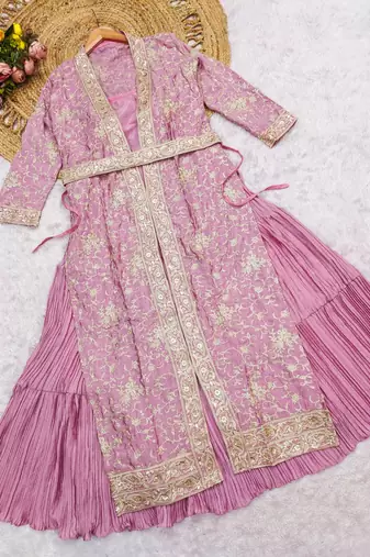 Pink Chinon Anarkali Readymade Suit with Embroidery & Sequence Work