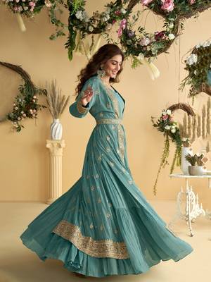 Blue silk blend embroidered sequin anarkali suit  2