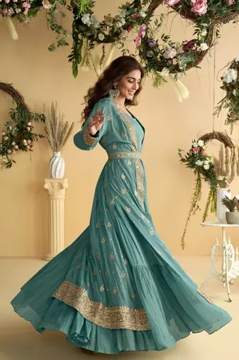 Blue Chinon Anarkali Readymade Suit with Embroidery & Sequence Work