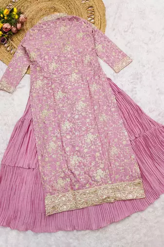 Pink Chinon Anarkali Readymade Suit with Embroidery & Sequence Work