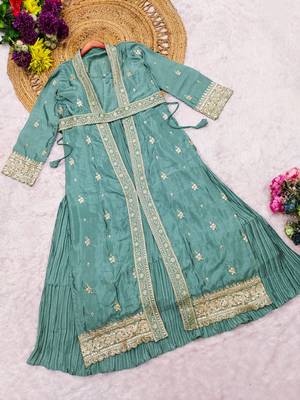 Blue silk blend embroidered sequin anarkali suit  3