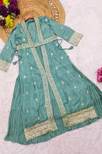 Blue Chinon Anarkali Readymade Suit with Embroidery & Sequence Work