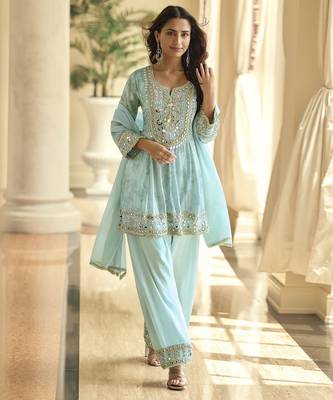 Sky blue silk blend real mirror hand salwar suit 1
