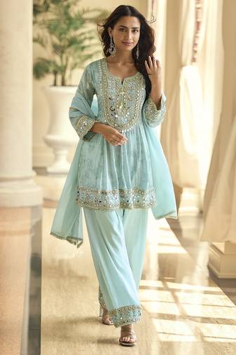 Sky blue silk blend real mirror hand salwar suit