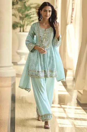 Sky blue silk blend real mirror hand salwar suit