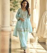 Sky blue silk blend real mirror hand salwar suit