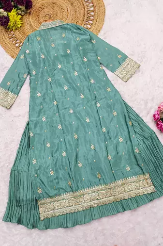 Blue Chinon Anarkali Readymade Suit with Embroidery & Sequence Work