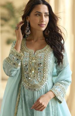 Sky blue silk blend real mirror hand salwar suit 2