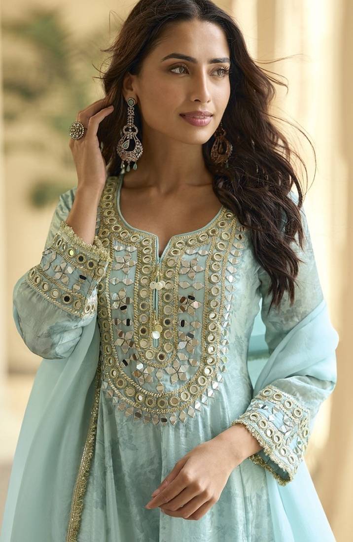 Sky blue silk blend real mirror hand salwar suit