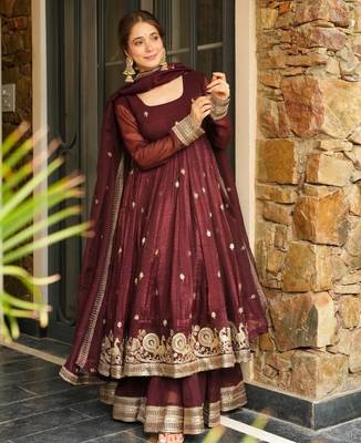 Chocolate silk blend embroidered sequin anarkali suit  1
