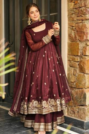 Chocolate silk blend embroidered sequin anarkali suit 