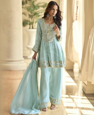 Sky blue silk blend real mirror hand salwar suit 3