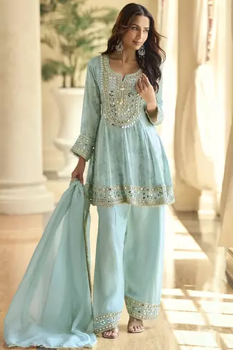 Sky blue silk blend real mirror hand salwar suit