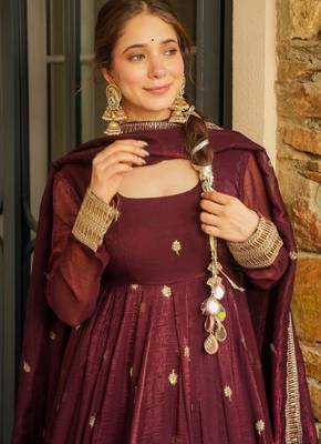 Chocolate silk blend embroidered sequin anarkali suit  2