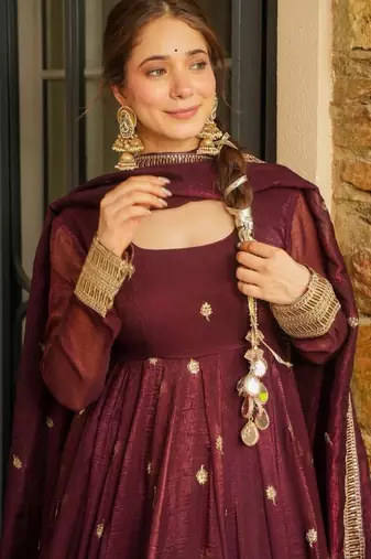 Chocolate silk blend embroidered sequin anarkali suit 