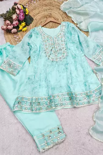 Sky blue silk blend real mirror hand salwar suit