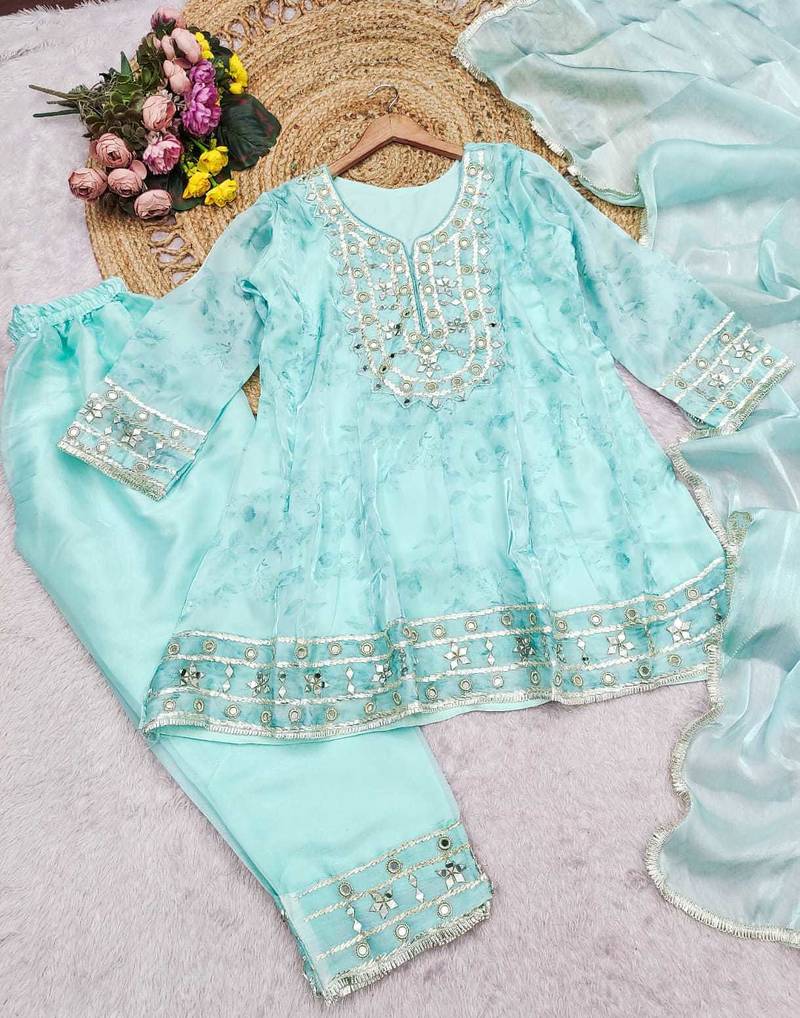 Sky blue silk blend real mirror hand salwar suit