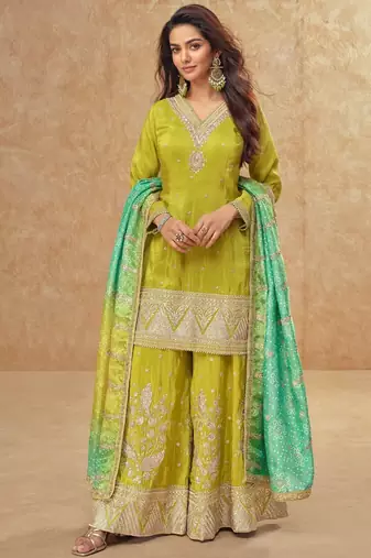 Olive silk blend  embroidered sequin salwar suit 