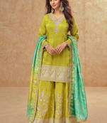 Olive silk blend  embroidered sequin salwar suit 