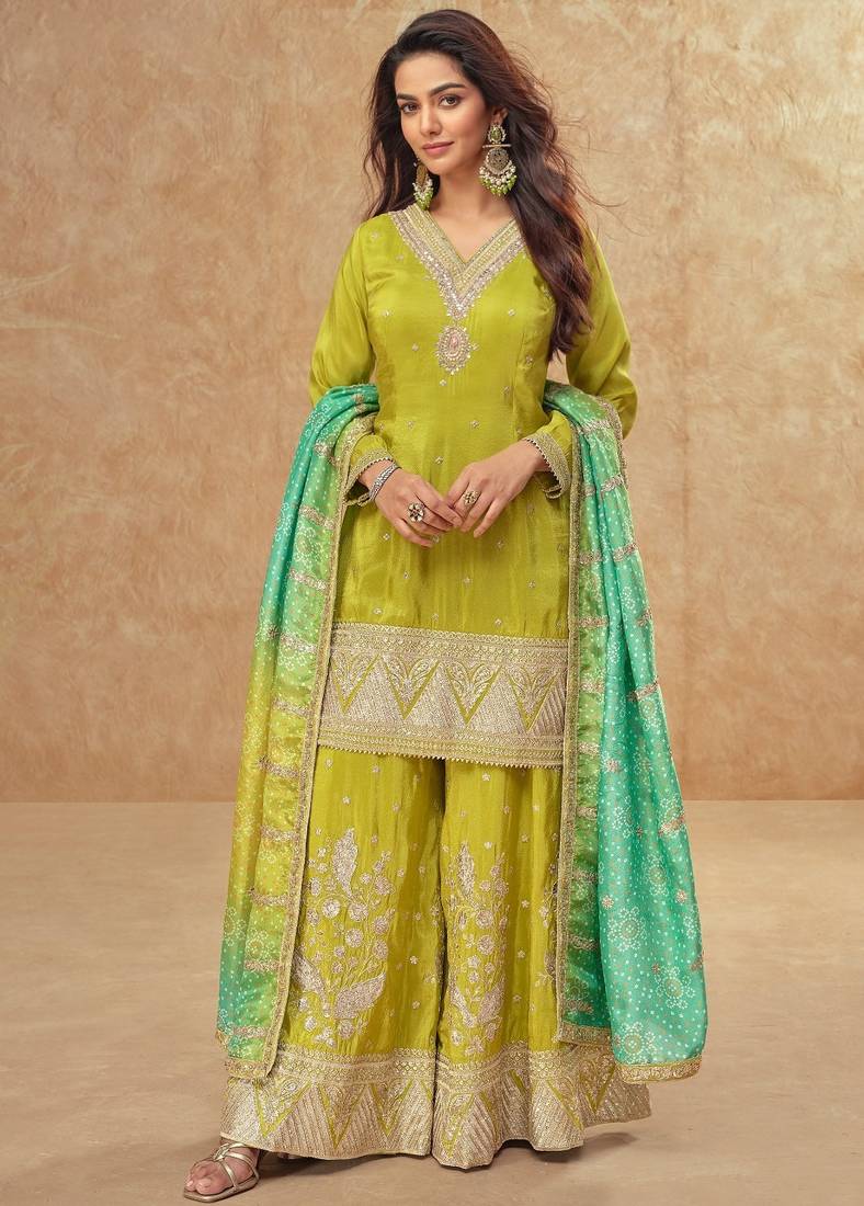 Olive silk blend  embroidered sequin salwar suit 