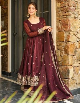 Chocolate silk blend embroidered sequin anarkali suit  3