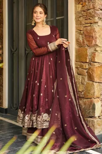 Chocolate silk blend embroidered sequin anarkali suit 