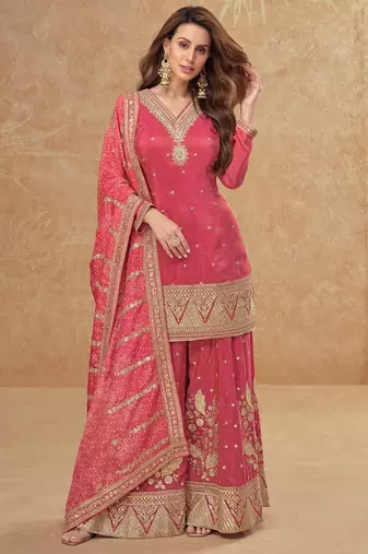 Pink silk blend  embroidered sequin salwar suit 