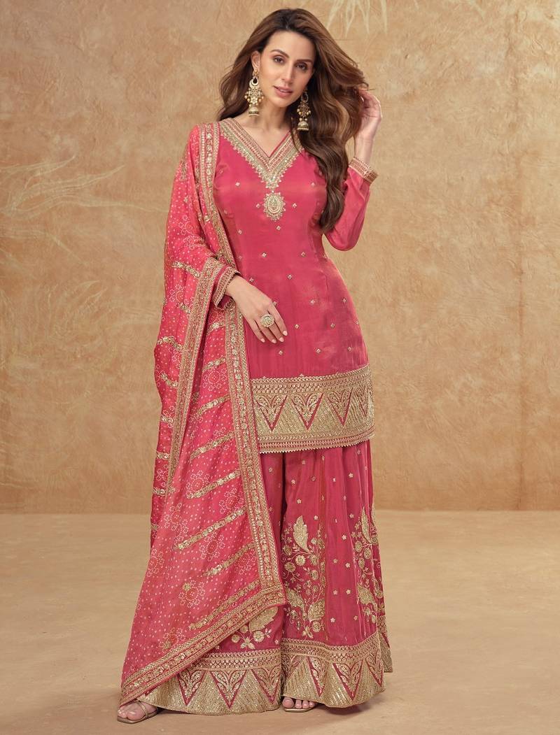 Pink silk blend  embroidered sequin salwar suit 