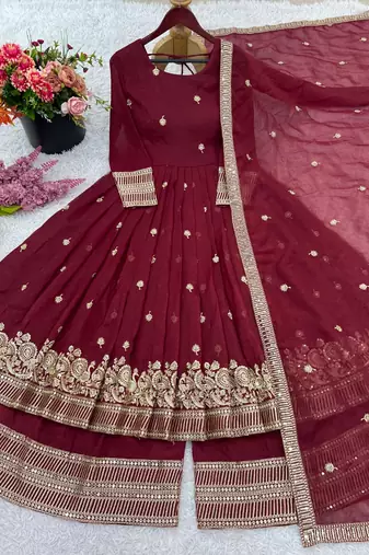 Chocolate silk blend embroidered sequin anarkali suit 