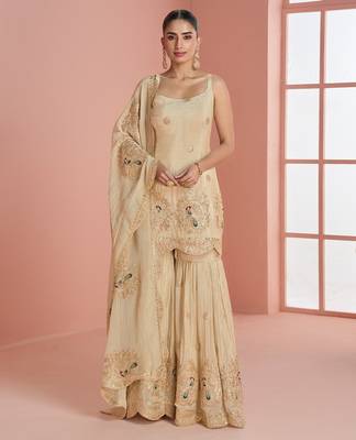 Beige vichitra silk blend  coding & embroidery salwar suit 1