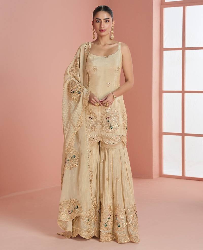 Beige vichitra silk blend  coding & embroidery salwar suit