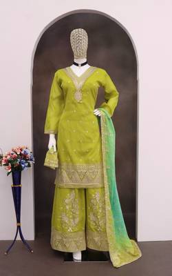 Olive silk blend  embroidered sequin salwar suit  4