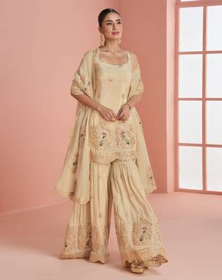 Beige vichitra silk blend  coding & embroidery salwar suit 3