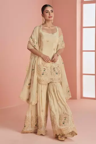 Beige vichitra silk blend  coding & embroidery salwar suit