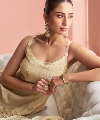 Beige vichitra silk blend  coding & embroidery salwar suit 4