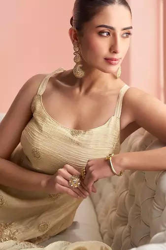 Beige vichitra silk blend  coding & embroidery salwar suit