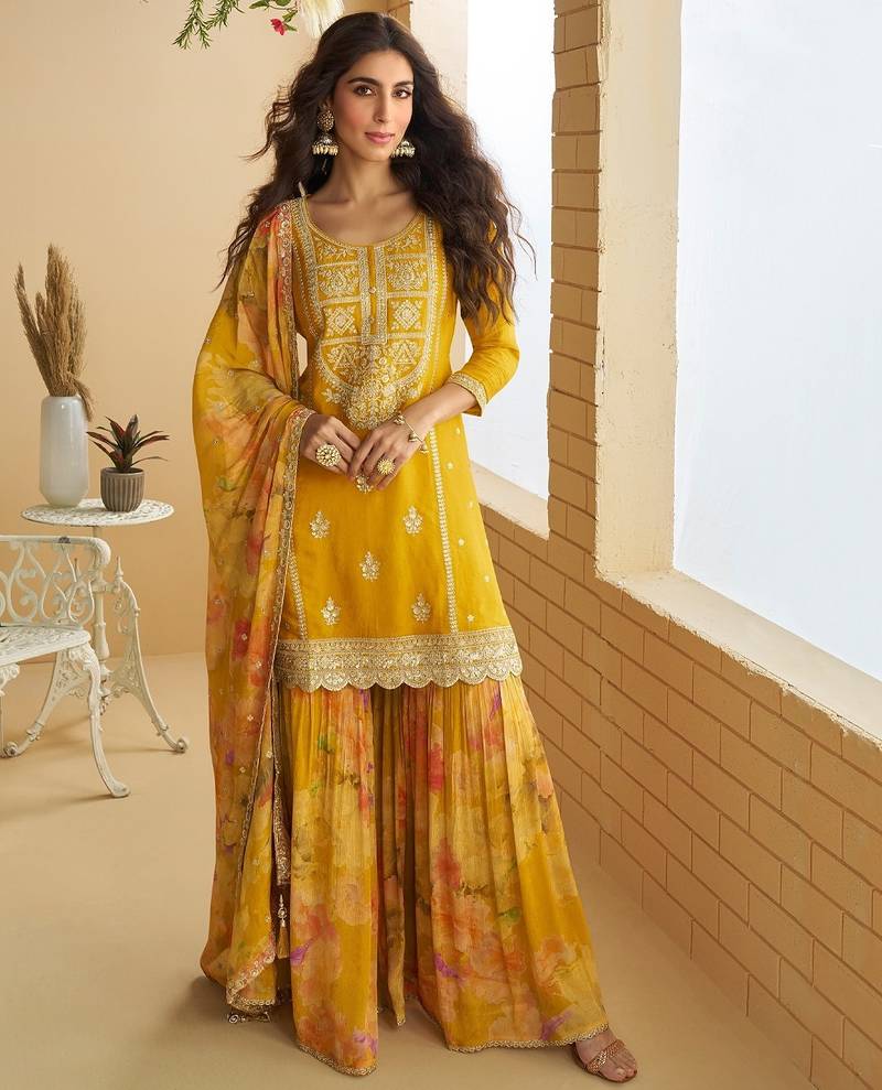 Mustard silk blend  embroidered coding salwar suit