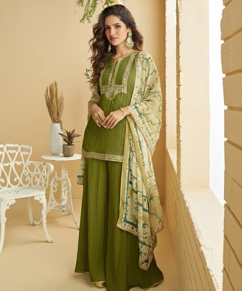Green chinon readymade suit with embroidery & sequence work
