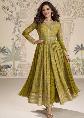 Mehendi silk blend embroidered coding anarkali suit 1