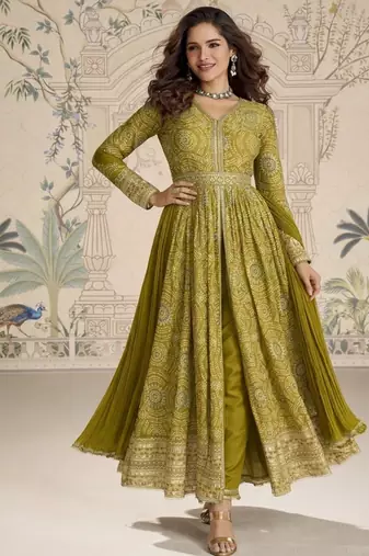 Mehendi silk blend embroidered coding anarkali suit