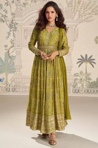 Mehendi Chinon Anarkali Readymade Suit with Embroidery & Coding Work