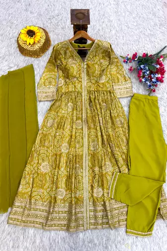 Mehendi Chinon Anarkali Readymade Suit with Embroidery & Coding Work