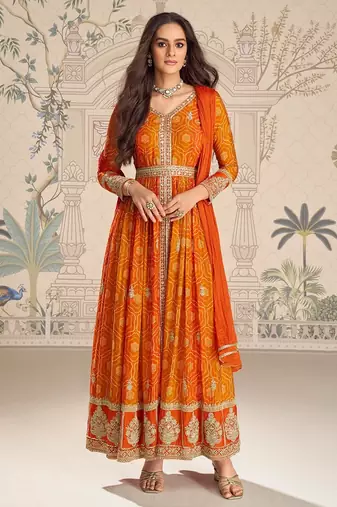 Orange silk blend embroidered coding anarkali suit