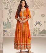 Orange silk blend embroidered coding anarkali suit