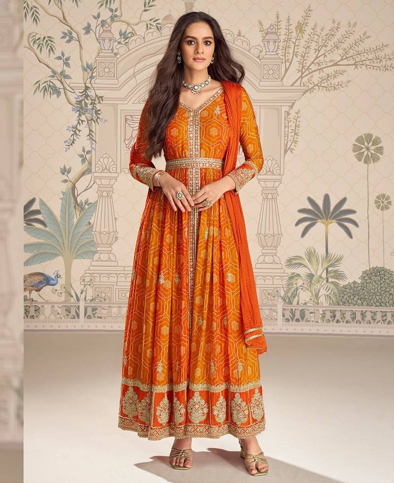 Orange silk blend embroidered coding anarkali suit