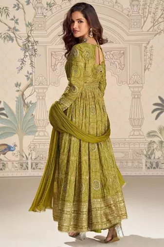Mehendi Chinon Anarkali Readymade Suit with Embroidery & Coding Work